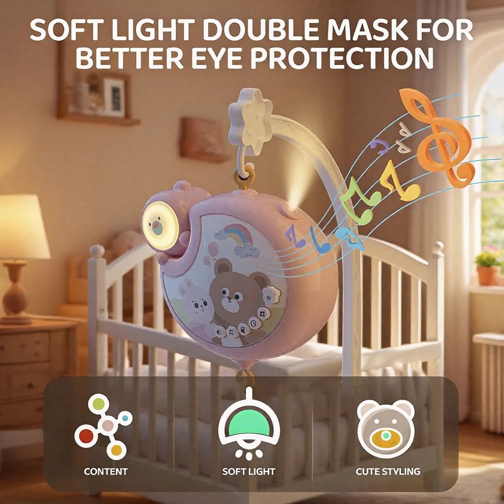 Baby crib hanging toys, with rattles and various hanging decorations, help with the baby's visual and auditory development.