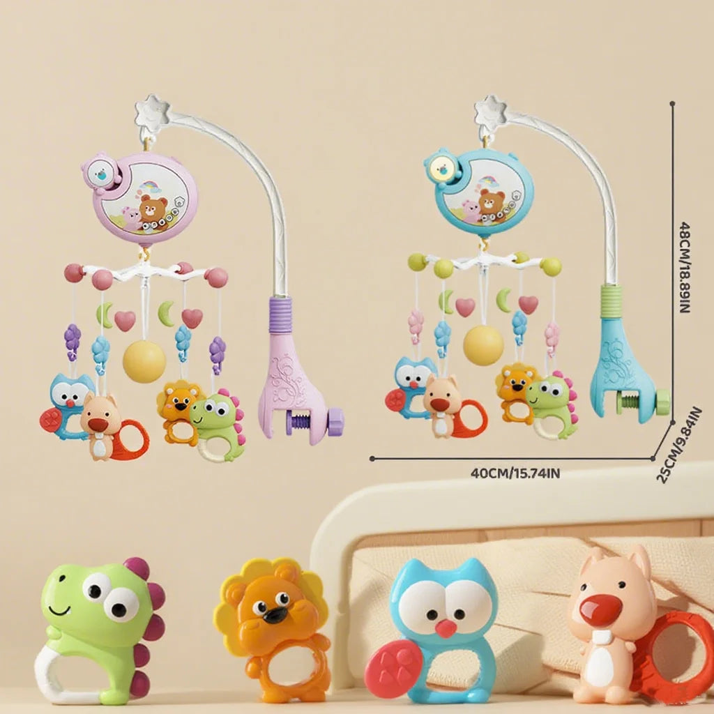 Baby crib hanging toys, with rattles and various hanging decorations, help with the baby's visual and auditory development.